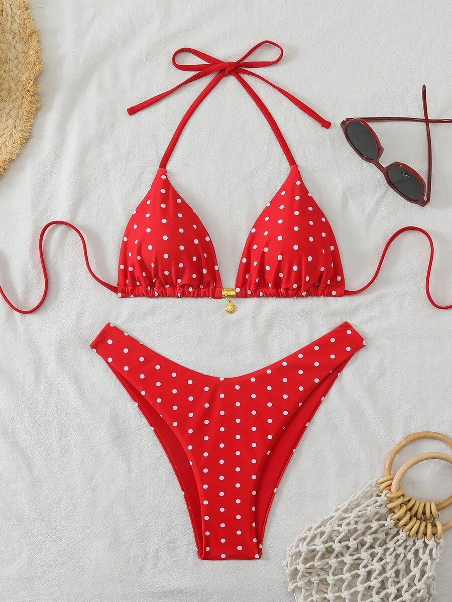 

Red Polka Dot Halter Bikini Set High Cut Bottoms Beach Holiday Swimwear