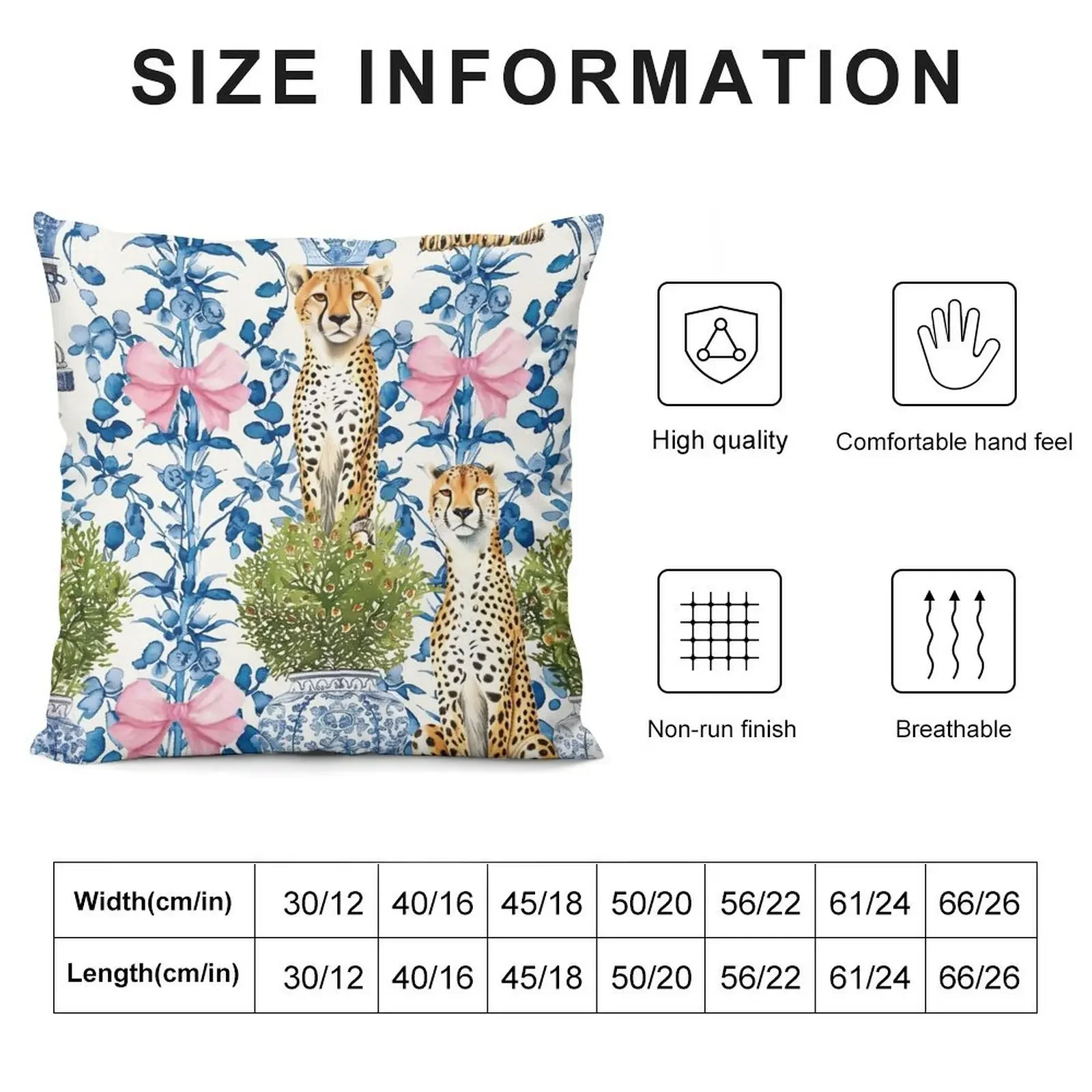 Grandmillennial cheetahs, topiaries in chinoiserie jars and pink bows on blue and white porcelain background Throw Pillow