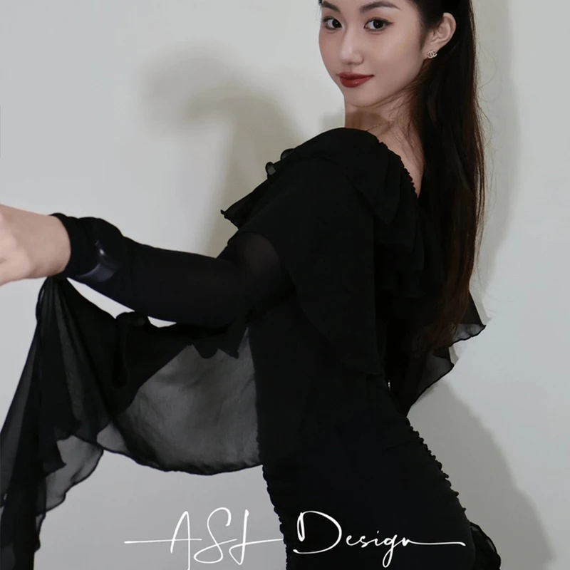 Drijvende Mesh Ballroom Dans Tops Lange Mouwen Zwarte V-hals Maillots Volwassen Vrouwen Latin Dans Kleding Wals Praktijk Slijtage BL18207