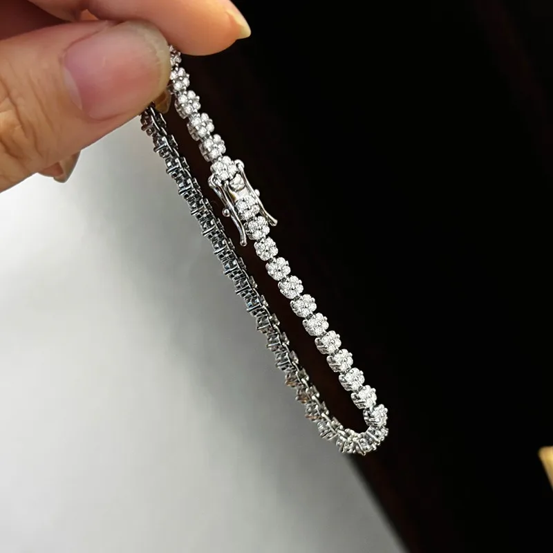 Iced Moissanite Flower Chain Bracelet 925 Sterling Silver Fine Women Jewelry Mosan Diamond Link Bracelets Bangle Pass Tester
