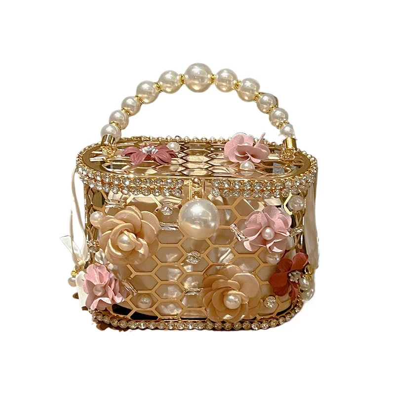 

French Vintage Metal Diamond Flower Pearl Vegetable Basket Bag Dinner Diamond Bucket Messenger Bag