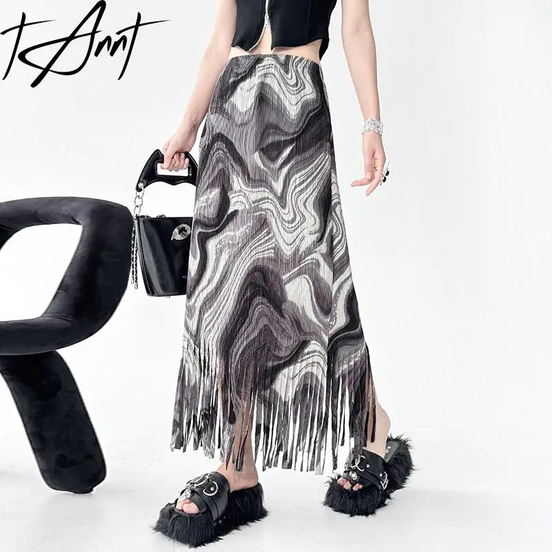

Tannt Women Skirt Irregular Tassel Patchwork High-waisted Long Printing Skirts Fashion Vintage Color Matching Women Skirts 2025