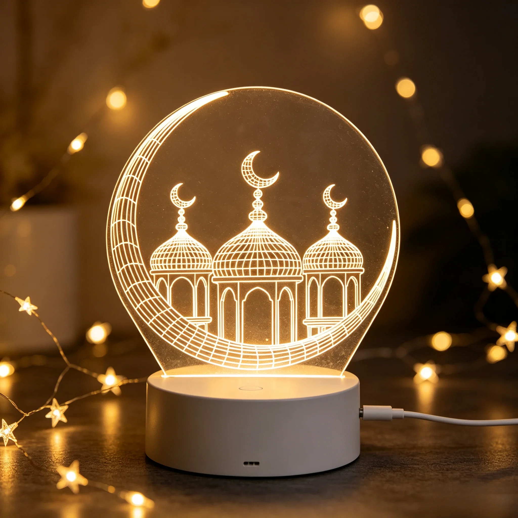Islamic Ramadan Decor 3D Acrylic Night Lamp, Moon Frame Mosque Pattern LED Desk Light Muslim Festival Ornament
