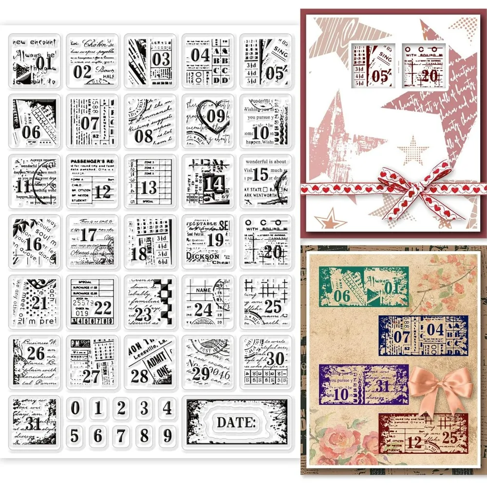 Vintage Date Clear Stamps Retro Number Text Background Silicone Clear Stamp Seals for DIY Scrapbooking Journals Decorative