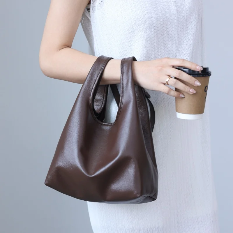 Women Genuine Leather Soft Handbag Luxury Lightweight Single Shoulder Bags Detachable Shoudler Strap