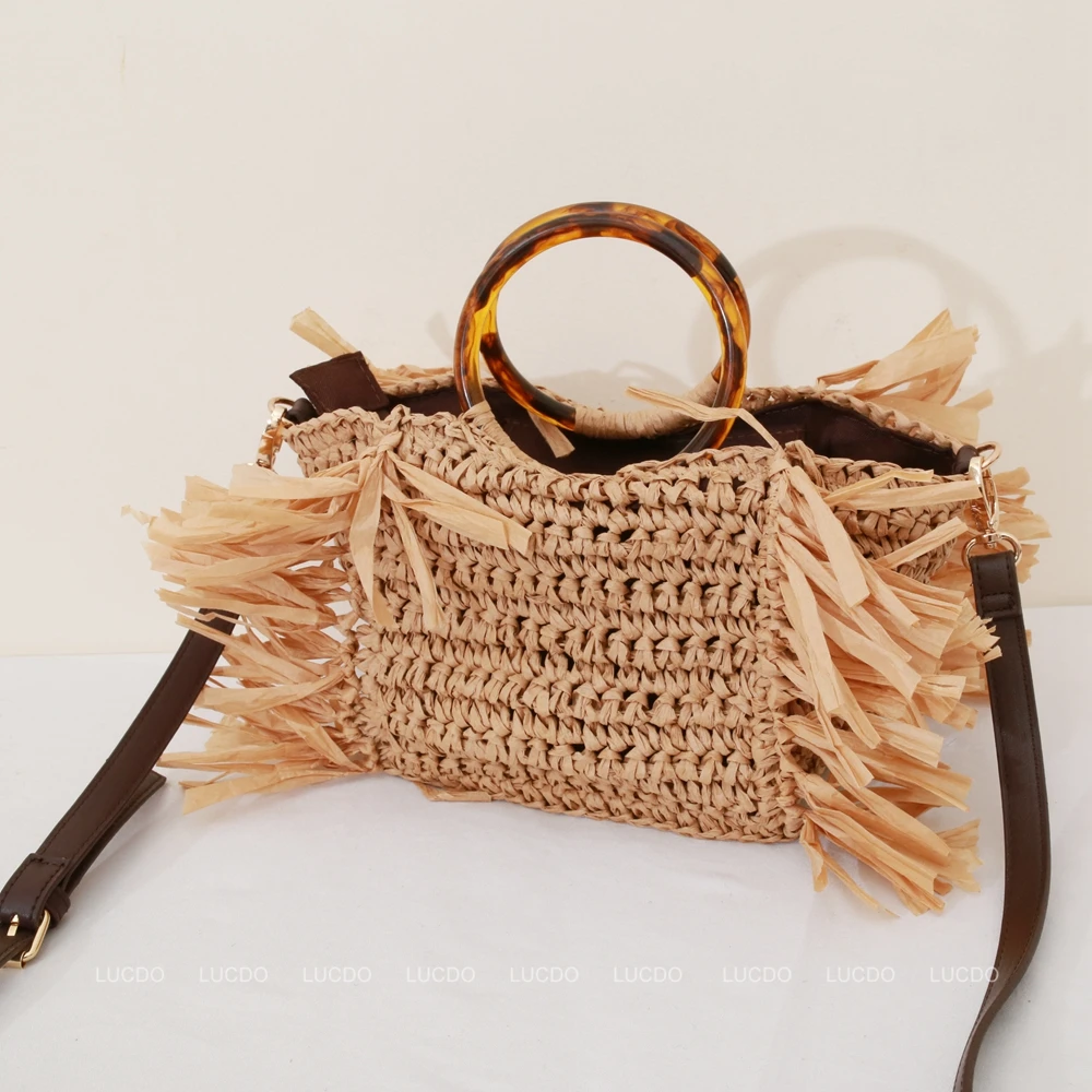 Beach Raffia Rattan Woven Handbags for Women 2024 Tassels Amber Circle Acrylic Handle Shoulder Clutch Designer Summer Straw Bags