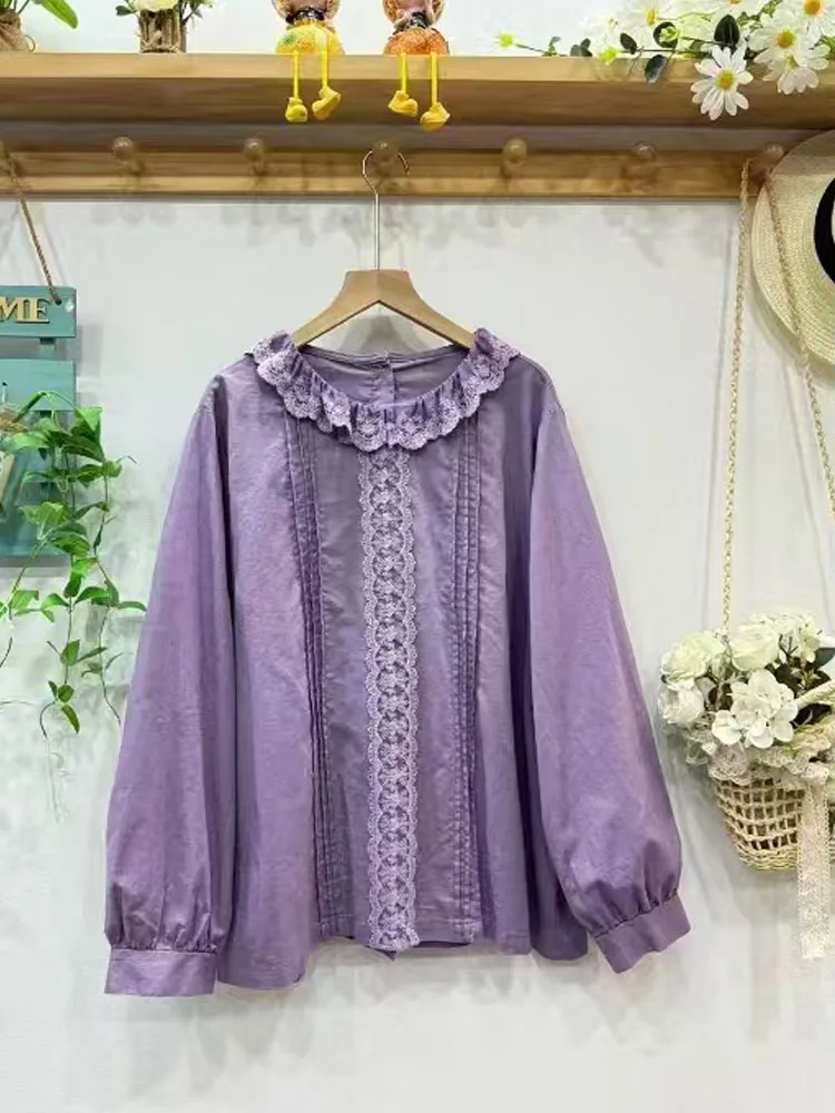 قميص جديد بأكمام طويلة من القطن والكتان لخريف 2025 ، بلوزة فضفاضة مُزينة بالدانتيل مكشكشة للنساء ، بلوزة فضفاضة أنيقة لتخفيض العمر من Mori Girl T58548CC