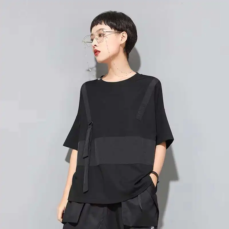 Ladies Short Sleeve Summer New Classic Black Personality Stitching Round Collar Loose Street Large Neutral Short Sleeve