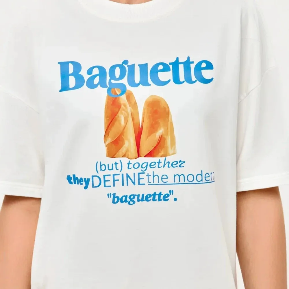 Loose Cotton T Shirt Baguette Print Crew Neck Short Sleeve Summer Casual Breathable Aesthetic Fashionable Style Top