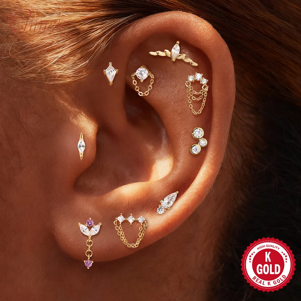 

Серьги-пирсинг CANNER из цельного золота 14 карат с цирконием в форме короны, изящные, роскошные, с цепочкой и кисточками, подарок на День святого Валентина для женщин