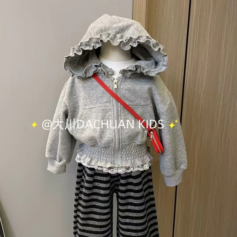 

New Style of Girls' Spring and Autumn Coat With Casual Zipper Sweatshirt and Lace Waist Cinching Short Cardigan