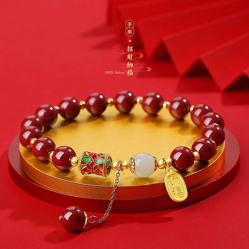 

Real Cinnabar 8mm Bracelet Beads Bangle Luxury Charm Natural Jewelry Talismans Vintage Carved Gemstone Amulet Fashion Lucky