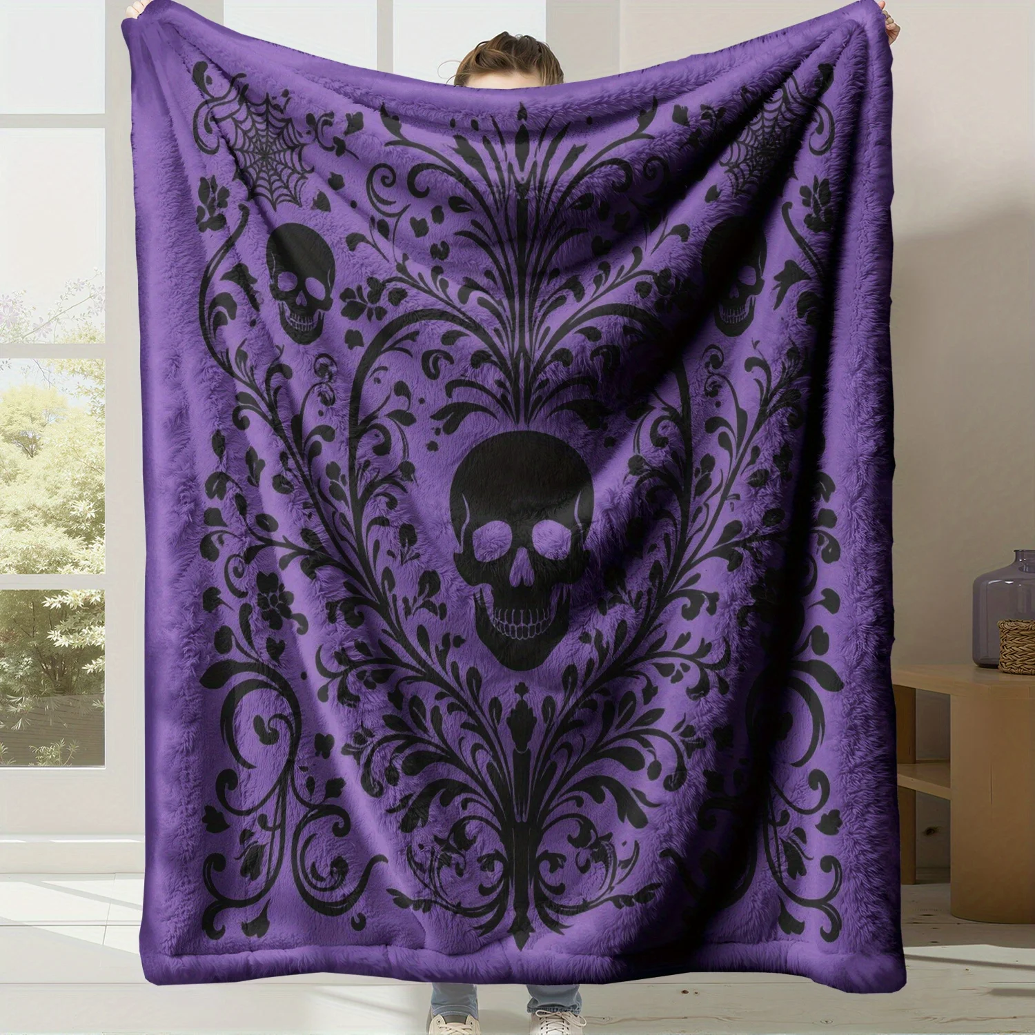 Purple Background Black Skull Floral Spider Web Gothic Print Flannel Blanket Soft Throw For Sofa Bedroom Daily Home Warm Gift