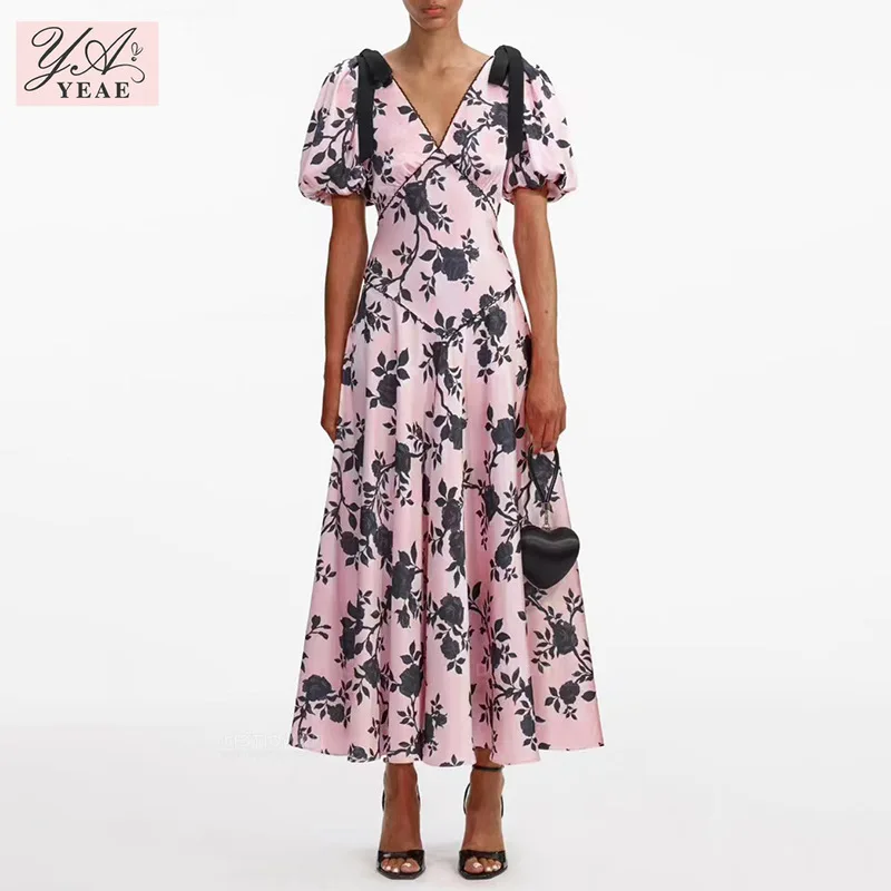 

2025 French Vintage Floral Dress, Women's Puff Sleeve Waist-Defined Maxi Gown
