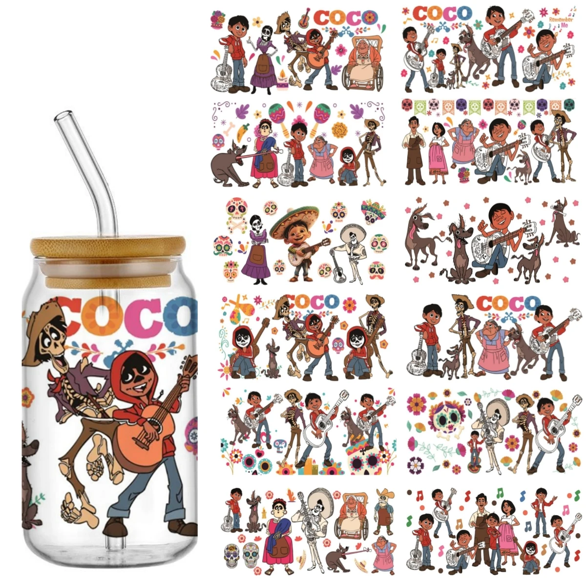 Miniso Cartoon music boy Coco Decals UV DTF Cup Wraps Transfer Stickers For 16OZ Libbey Glass Can Bottle Selfadhesive Waterproof