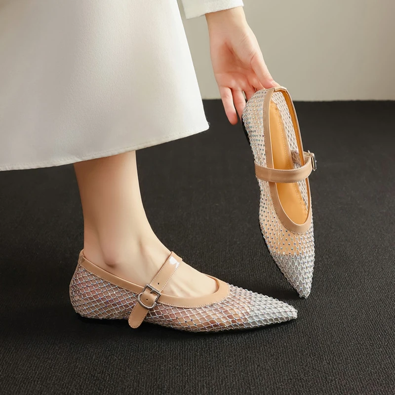 NEW Summer Women Pumps Hollow Out Fishnet One Strap Shoes for Women Breathable Mesh Inner Height Increasing Buckle Strap Shoes