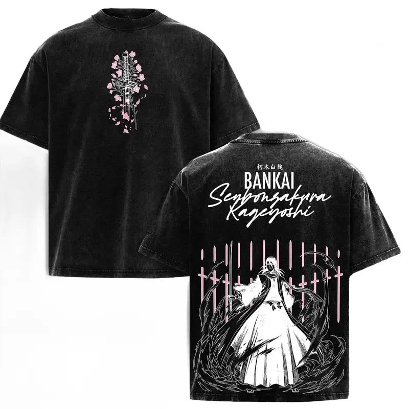 Kuchiki Byakuya Print T-shirt BLEACH Anime Clothing Men Short Sleeve Cotton Tshirts Vintage Washed Tee Harajuku Male T Shirt Top