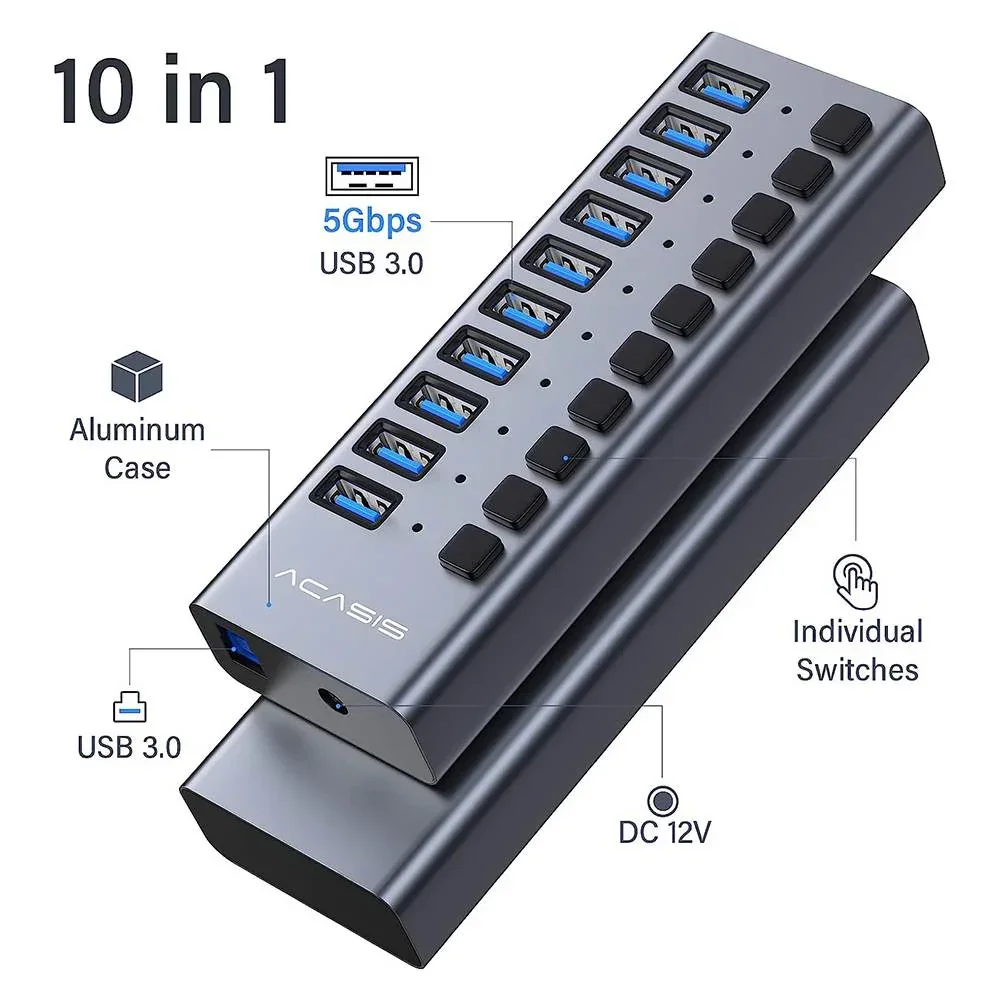 Imagem -02 - Acasis Usb 3.0 Divisor 5gbps 10 13 Portas Docking Station Interruptor Individual para Teclado Mouse Impressora Usb Expandir para Macbook