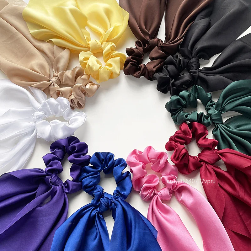 Moda tinta unita fiocco in raso lungo nastro coda di cavallo sciarpa cravatta per capelli Scrunchies donne ragazze fasce elastiche per capelli