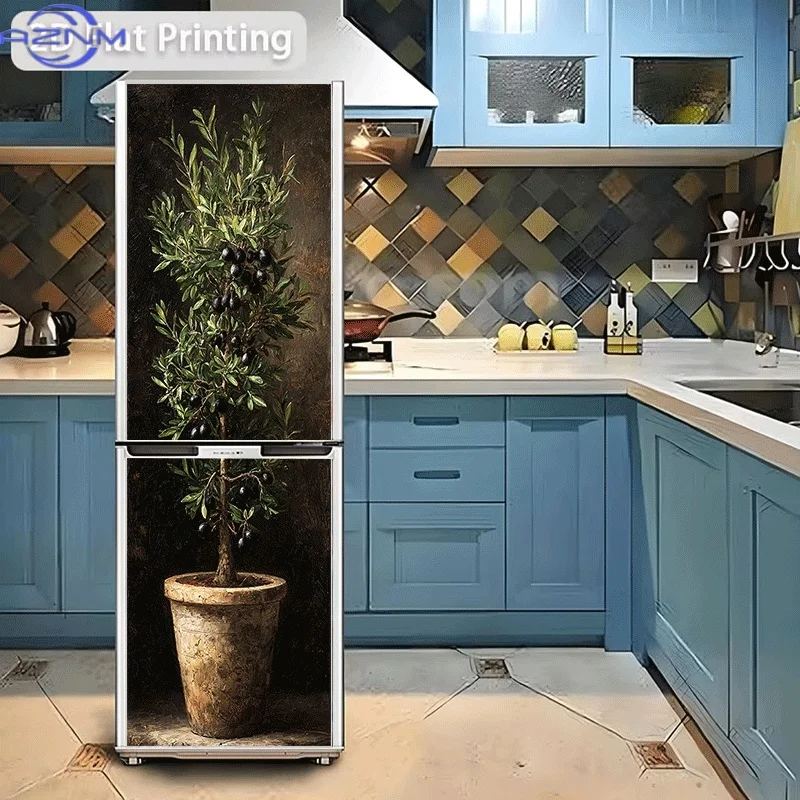 [Printing] Refrigerator Sticker [60×180 Cm] Olive Tree in Pot Potted Olive Tree Olive Tree in Ceramic Pot Themed Design Wall S