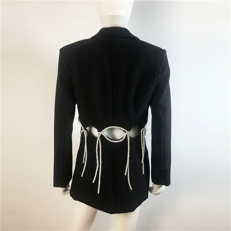 All Season New Fashion Runway Designer 2024 Office Women Notched Hollow Out Full Sleeve Backless Diamonds Black Blazer Outerwear