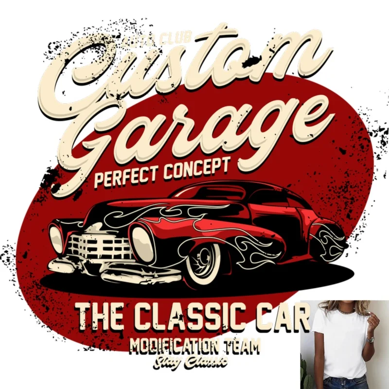 Vintage Car 'Custom Garage' Heat Transfer White Ink Iron - on Patch, Suitable for T - shirts/Bags, Personalized Trendy, Daily