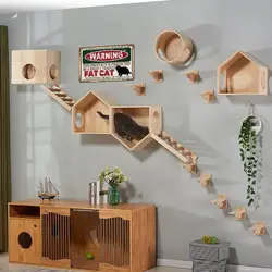 1PC Cat Hammock Wall Mounted Wooden Climbing Shelf Cat Jumping Platform with Scratching Post Cat Hanging Bed for Cat Sleeping