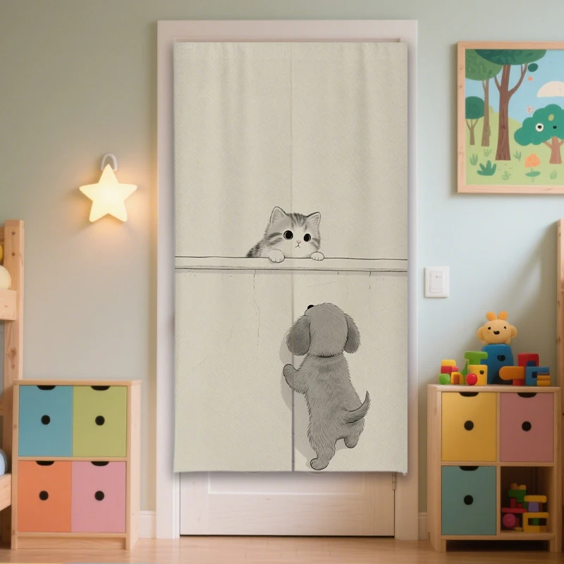 VIKAMA Cartoon Cat and Dog Room Divider Curtain, Cute Pet Decorative Curtain, Nursery and Bedroom Home Decor