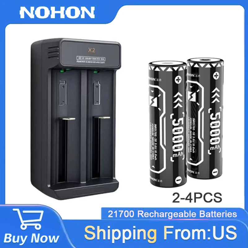 NOHON 2-4Pc Rechargeable Batteries 21700 with Charger 5000mAh Bulk High Capacity Battery 30A Long Lasting For Household/Business