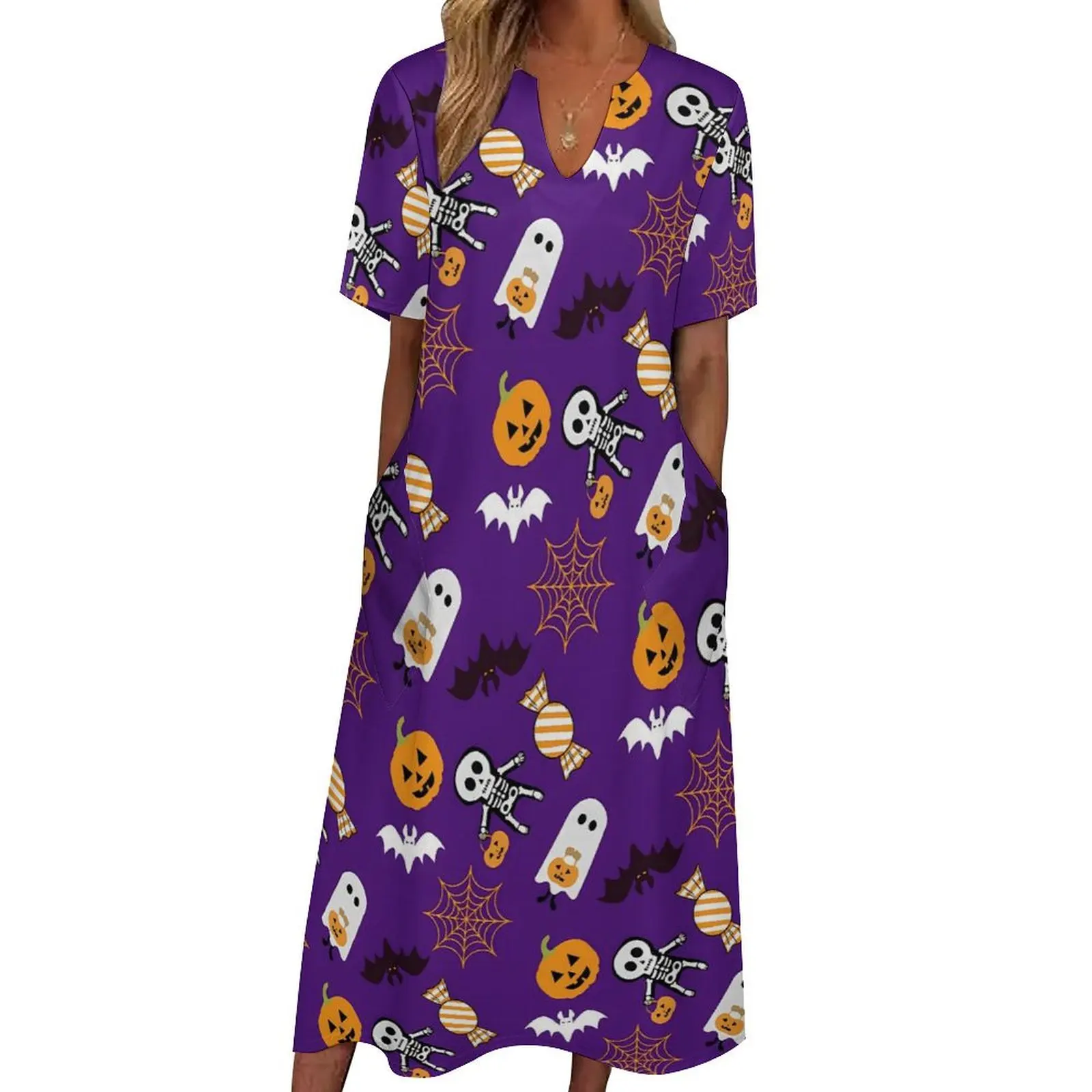 Robe d'Halloween Longue et Éducative avec Col en V pour Femme, Tenue de Plage, Fantôme, Citrouille, Style de Rue, Boho