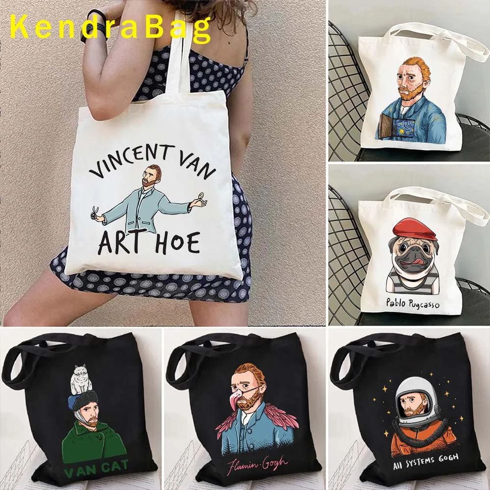 Pinturas divertidas hacer arte gato Pug perro fino lindo Shopper lona bolso de mano noche estrellada Van Gogh David bolsas de compras bolso de algodón