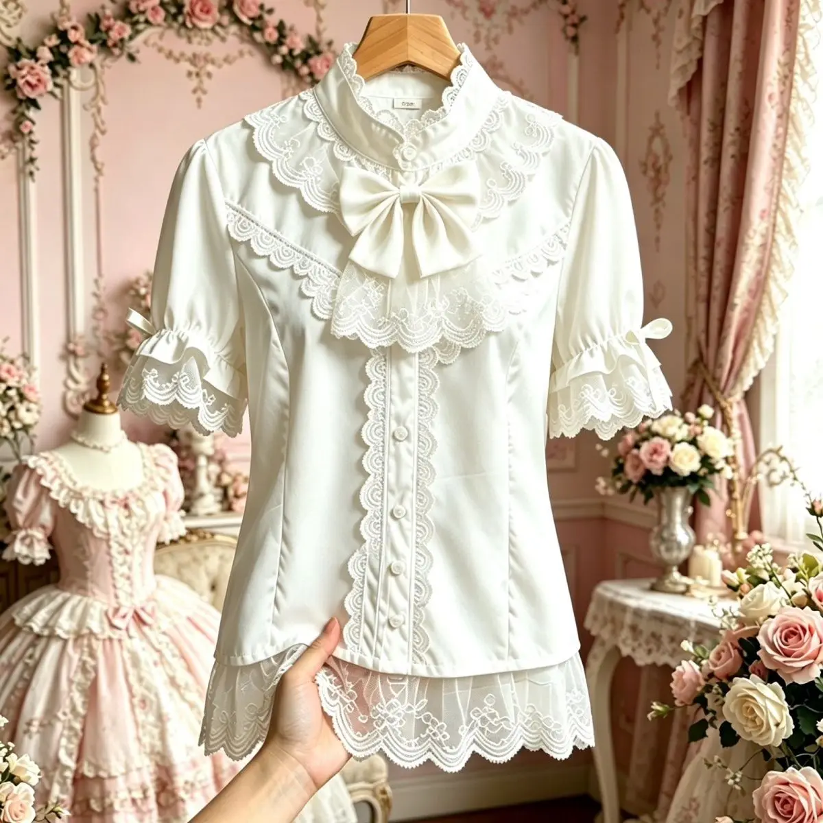 NONSAR Nueva Blusa Lolita con Encaje, Camiseta Interior Japonesa Dulce de Verano, Blusa de Mujer con Mangas Cortas Abullonadas