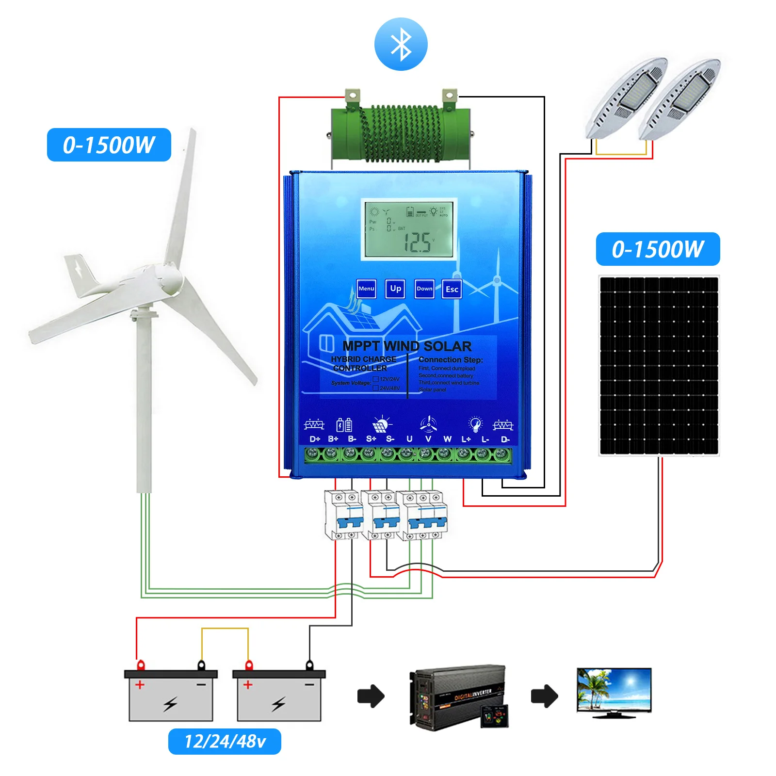 Imagem -06 - Mppt Vento Híbrido Solar Controlador de Carga Display Lcd Construído em Bluetooth Regualtor para Lifepo4 Bateria de Lítio 12v 24v 48v 2000w