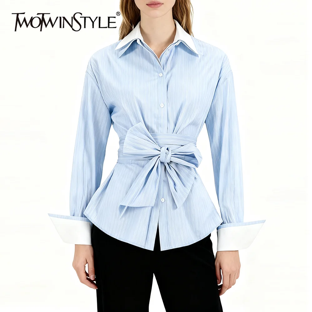 

TWOTWINSTYLE синяя рубашка на шнуровке, женская свободная рубашка с лацканами и длинными рукавами, повседневные женские рубашки для ленивых, осенняя модная новая одежда
