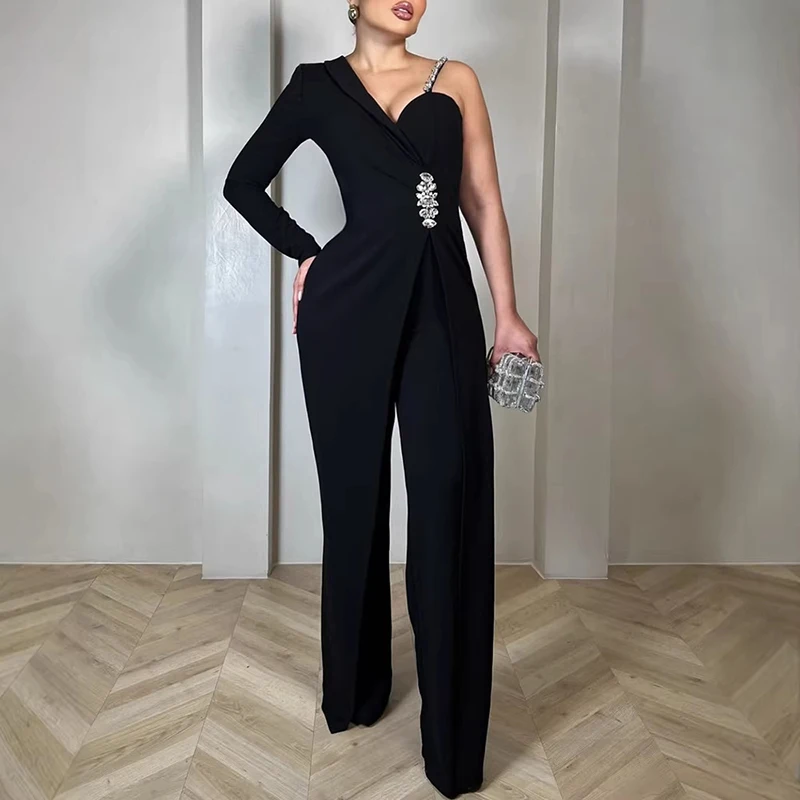 Tuta da donna elegante con strass scintillanti, pagliaccetto lungo solido, tute da ufficio drappeggiate alla moda, tuta da festa sexy a maniche lunghe con una spalla