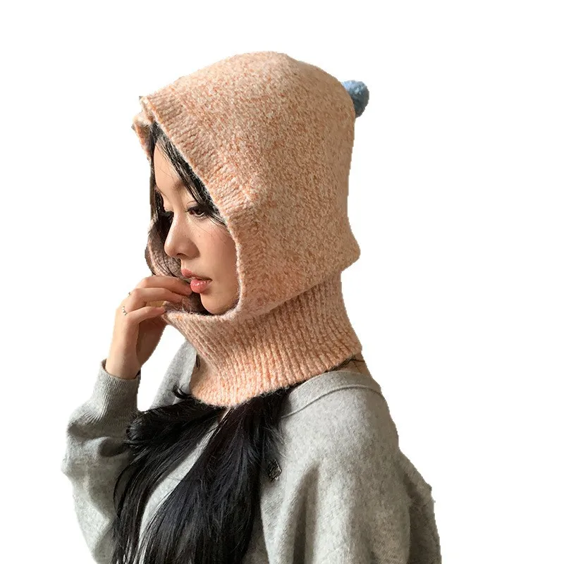Koreanische Mischfarben-Mode-Pullover-Balaclava-Mütze mit Pompon-Design, Winter-Knopf-Halswärmer, integrierte warme Strickmütze für Damen – Detail 7