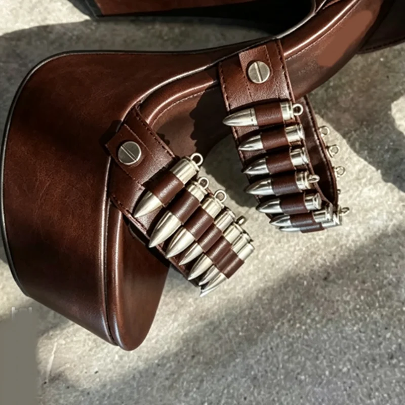 Brown Metal Rivet Platform Cover Heel Sandals Sexy Round Toe Square Heels Customized New Arrivals Fashion Women Modern Shoes