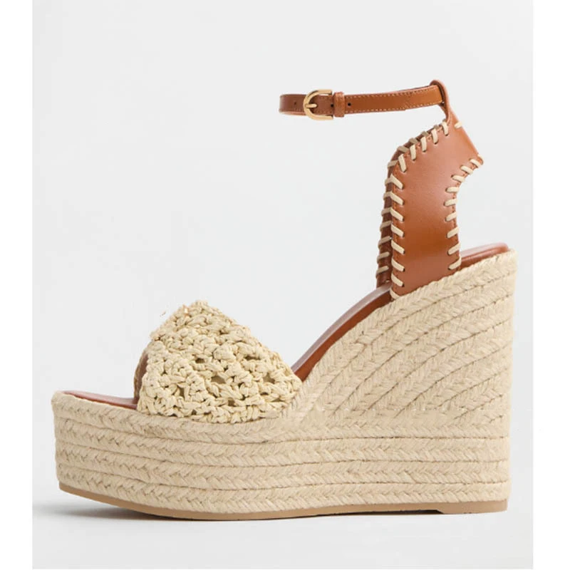 

Women's Beige Crochet Espadrille Wedge Sandals Leather Ankle Strap with Whipstitch Detail for Beach Boho Summer Vacation Fashion
