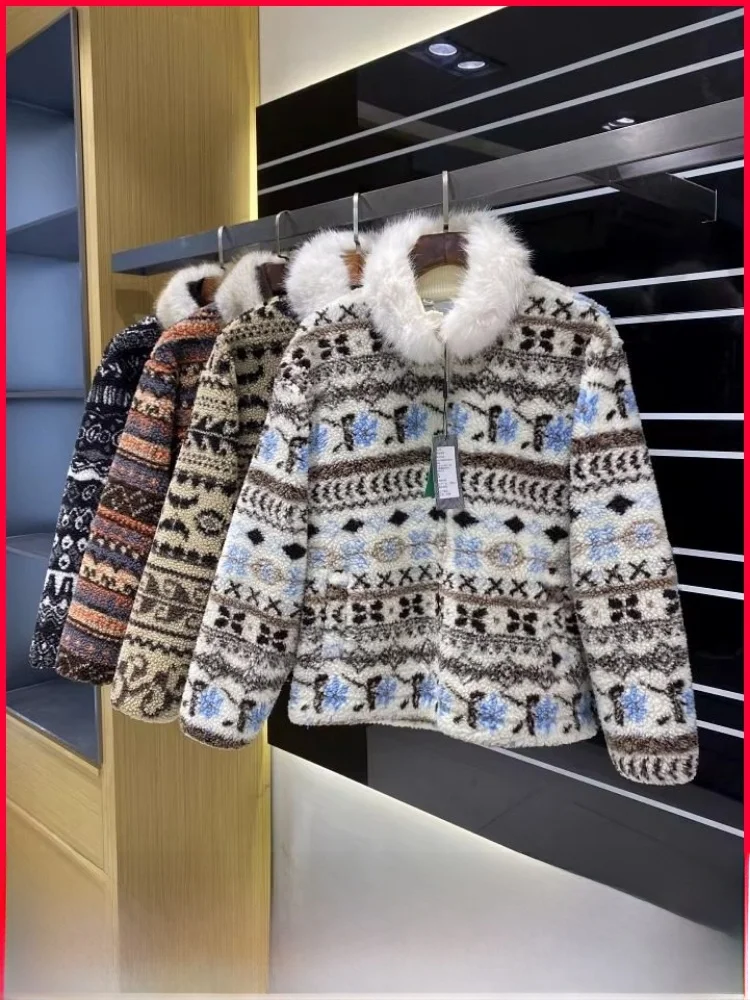 

Thiened Faux Fur Collar Retro Sle Women's Jaet Warm Plu Lined Coat Long Sve Zipper Closure Geometric Pattern Daily...