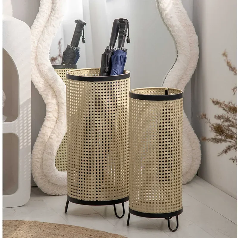 

Nordic Imitation Rattan Parasol Holder Metal Hollow Out Umbrella Stand Bottom Drain Cane Holder Versatile Scenes Storage Rack