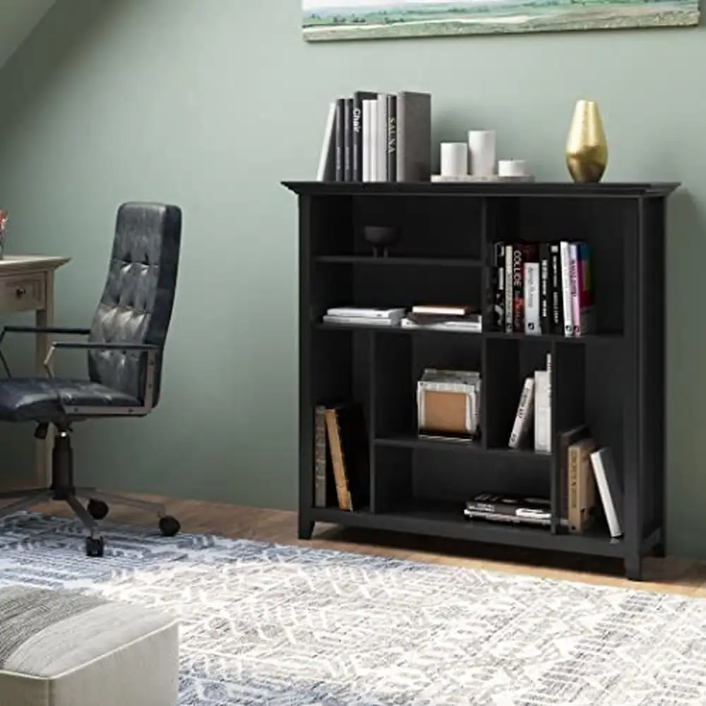 44 Inch Black Solid Wood Multi Cube Bookcase Storage Unit Office Living Room Study Room Transitional Design Tapered Legs Crown