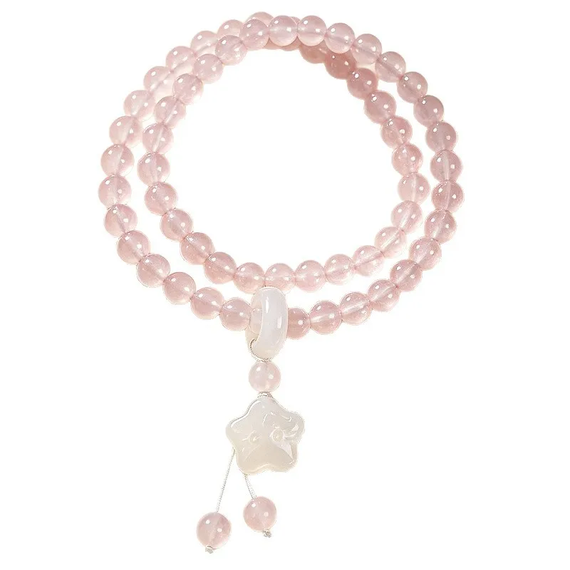 Chinese Style Lucky Natural Rose Quartz Double Layer Bracelet For Women White Agate Star Pendant Healing Crystal Attract Love view 5