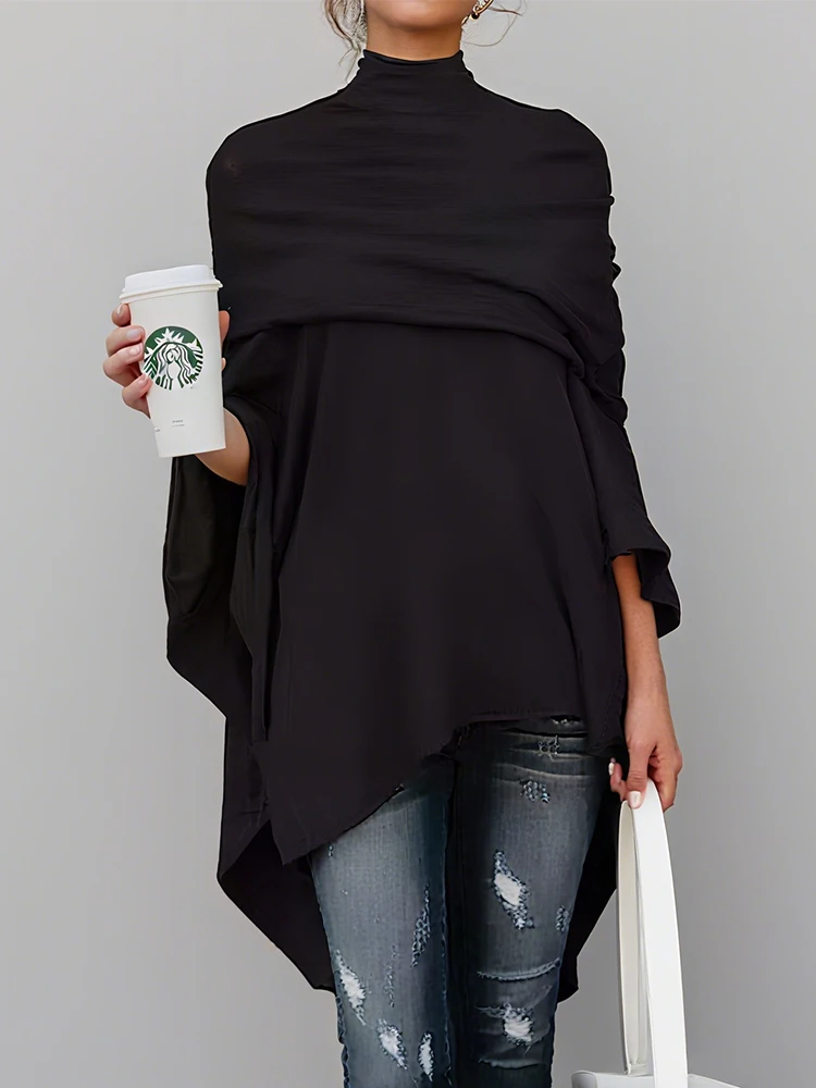 

Fashion Spring Elegant High-low Asymmetric Solid Color Top 2025 New Loose Casual Irregular High-neck T-Shirts Tops for Women