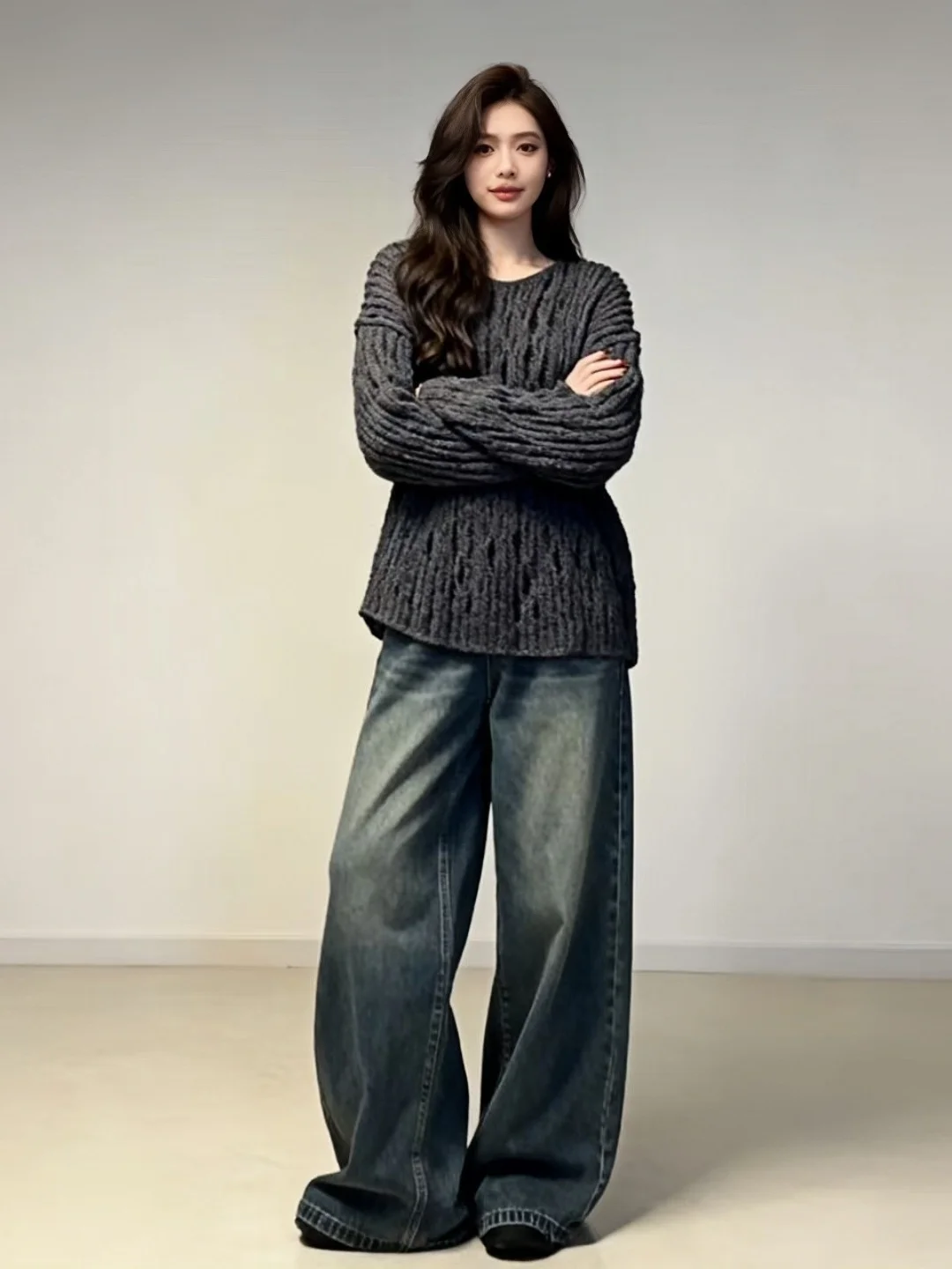 

Свободный вязаный свитер для женщин, с ажурной текстурой, облегающий, универсальный, на осень-зиму, модный