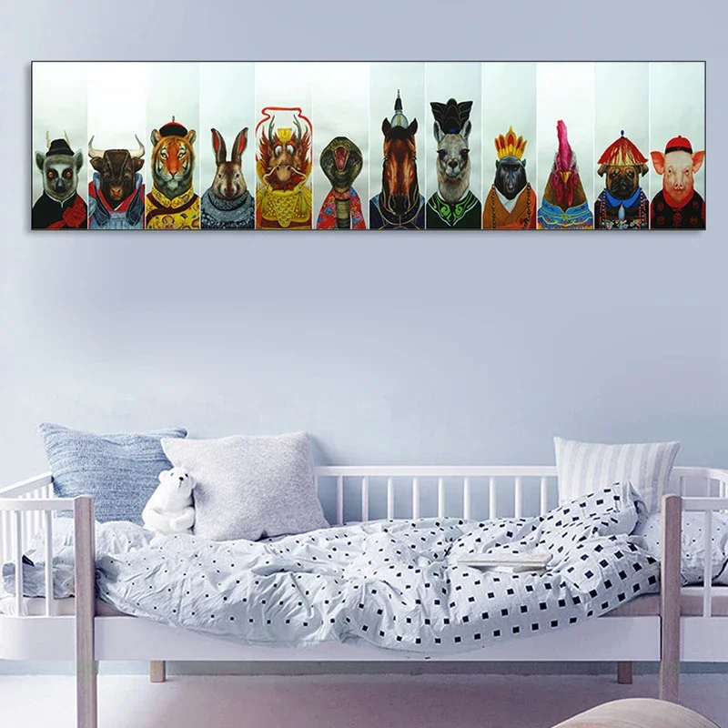 Super long poster 12 zodiac animals wearing clothes canvas poster long horizontal poster Pictures Home Decor wall art Prints