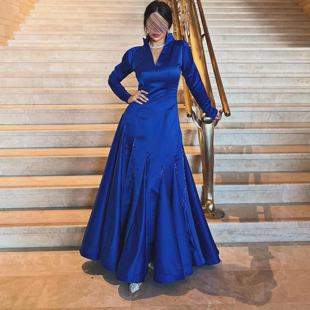 Exquisite Tassel Beading Pleats Piping Evening Dresses Temperament A-Line V-Neck Satin Long Sleeves Blue Party Gowns فساتين سهرة