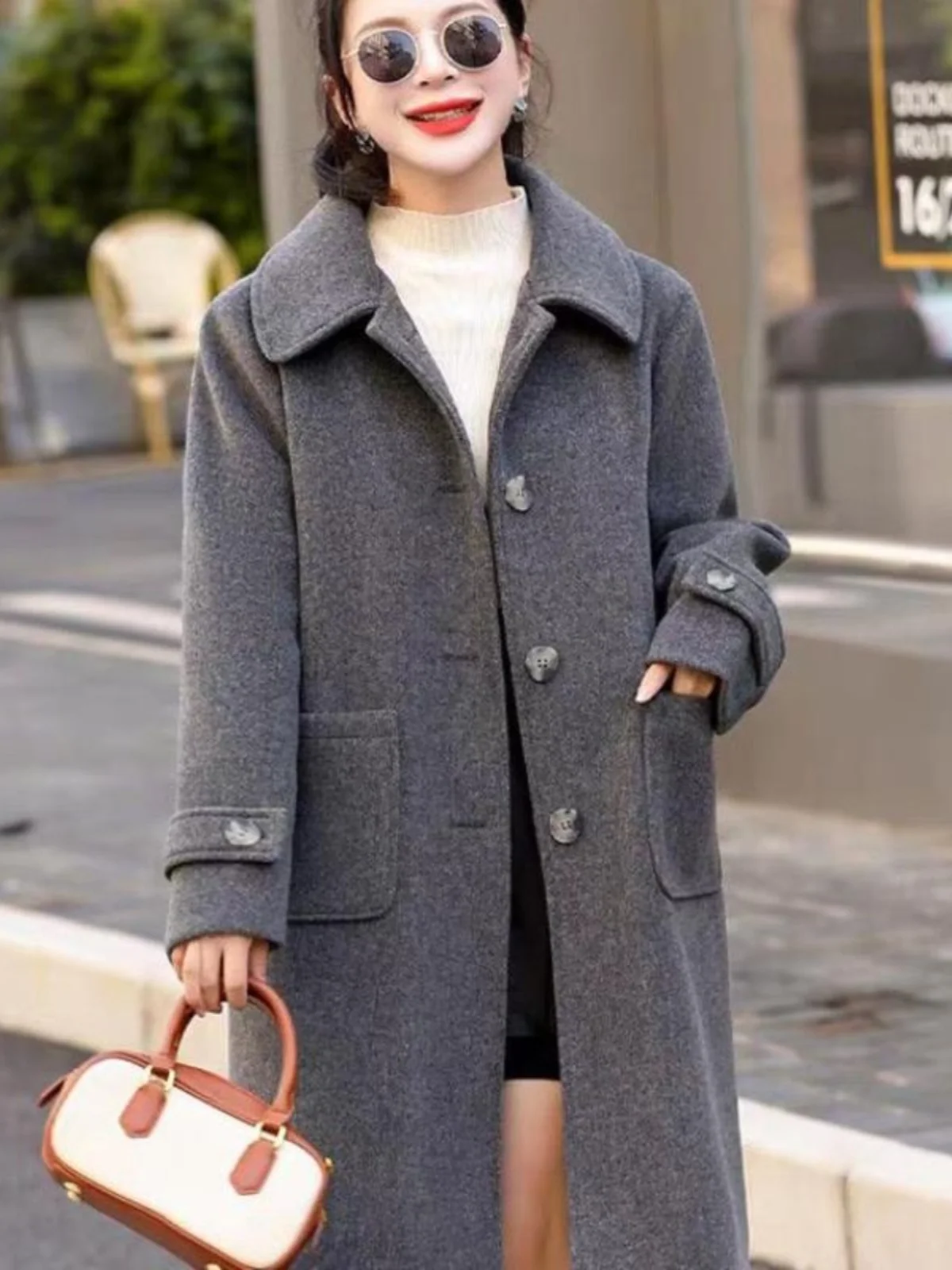 

Autumn Winter Carbon ey Woolen Coat Cotton Lined Warm Loose Long Korean Sle Small Size oulder Straight Jaet