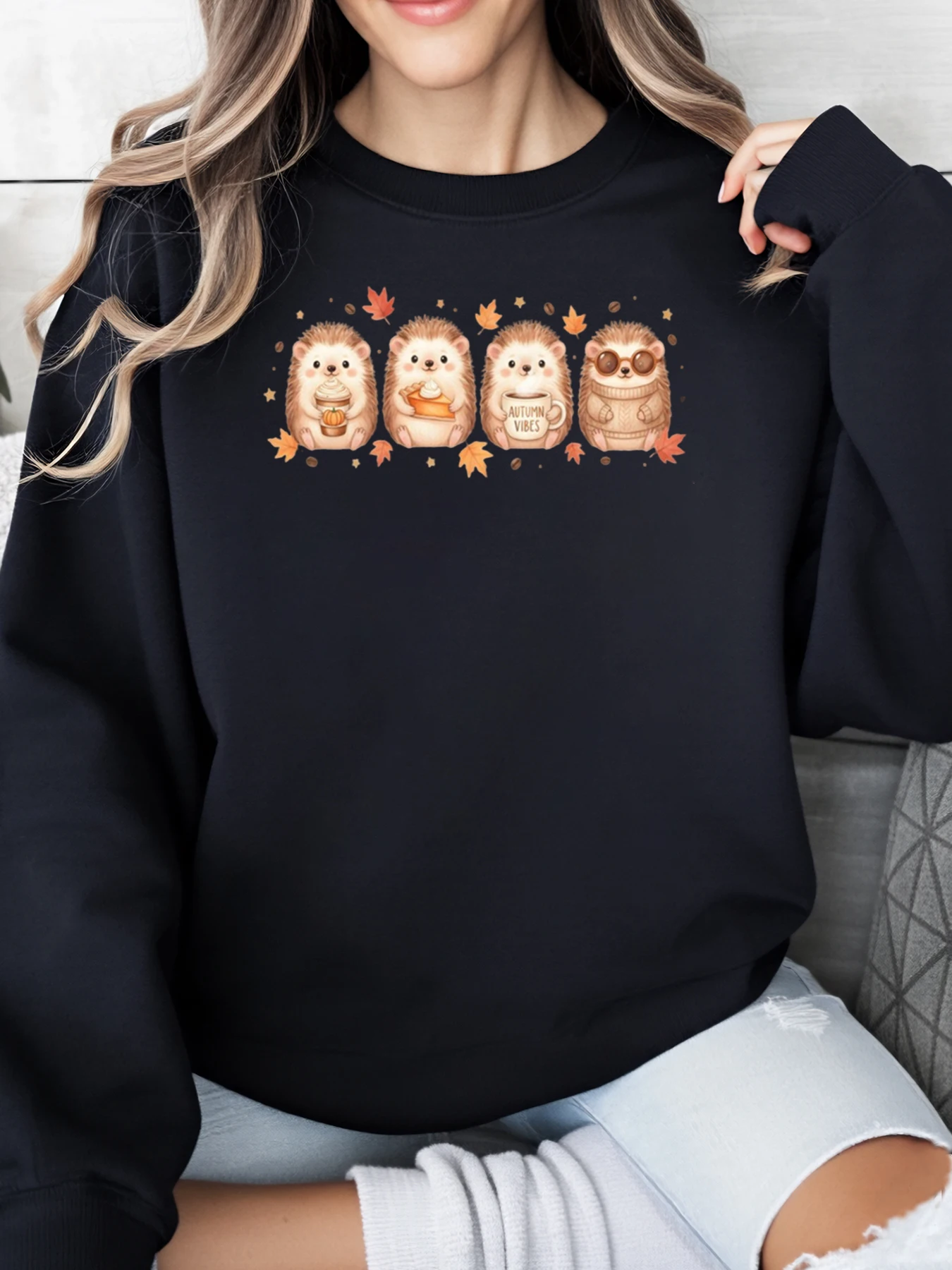 القنفذ الخريف يترك طباعة الخريف البلوز المرأة لباس غير رسمي أسود حجم كبير