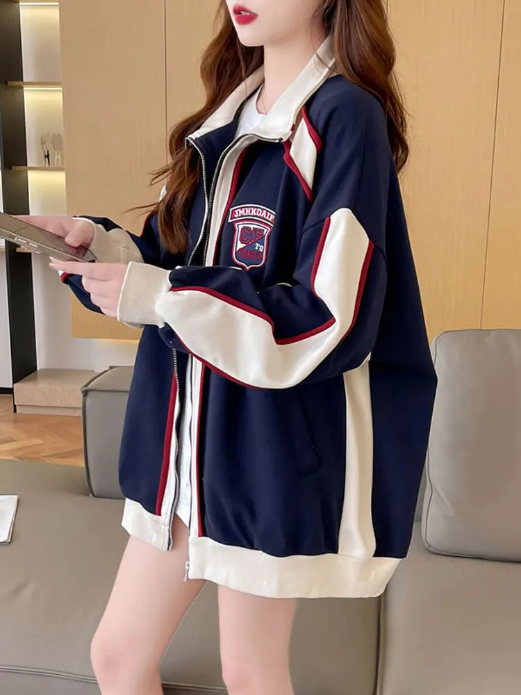 

Spring Color Block Baseball Jacket Women's Loose Long Cardigan Sweatshirt Korean Style Spring Autumn New Arrival