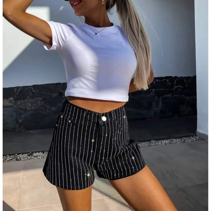 Pantalones cortos vaqueros con cuentas de diamantes para mujer, Vaqueros cortos sexys ajustados de cintura alta para calle, parte inferior Harajuku coreana Y2K